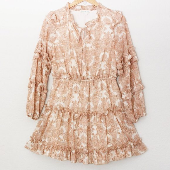 Moon River Women's M Paisley Print Tan Beige Tiered Ruffle Boho Mini Dress $118 - Picture 2 of 16